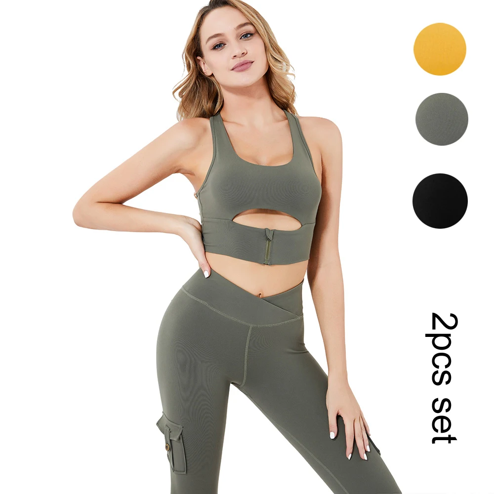 Women Yoga Set Bra and Leggings with Pocket 2pcs Wear Workout Sportwear