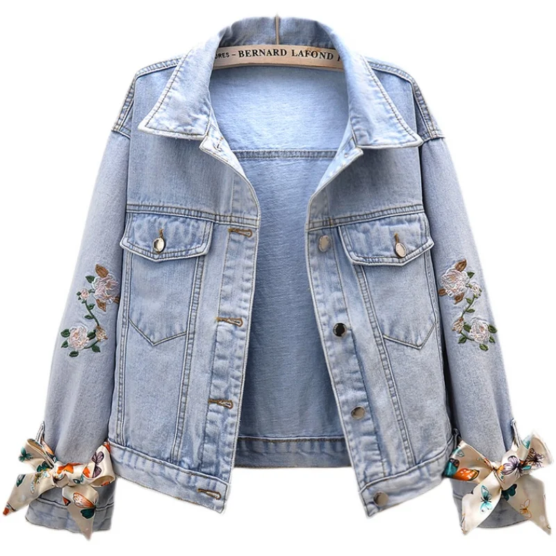 

Embroidery Denim Jacket Women 2021 Spring Autumn Fashion Korean Floral Bow Long Sleeve Short Jeans Coat Loose Clothes Tide G836