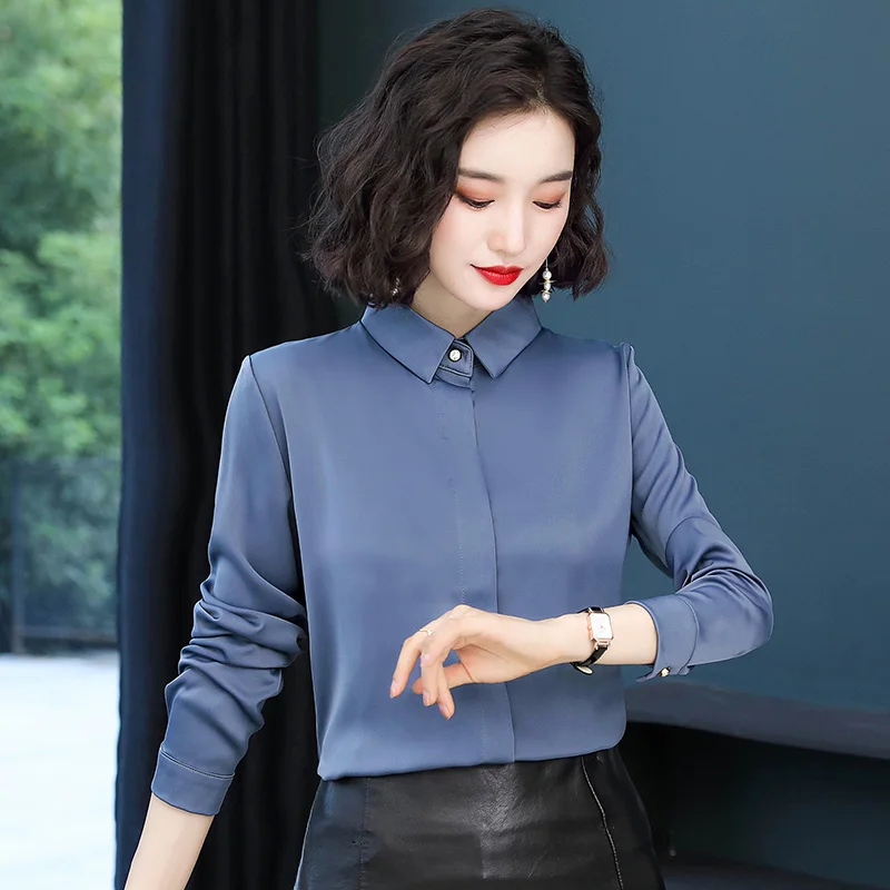 Корейские модные шелковые женские блузки атласные осенние белые рубашки плюс