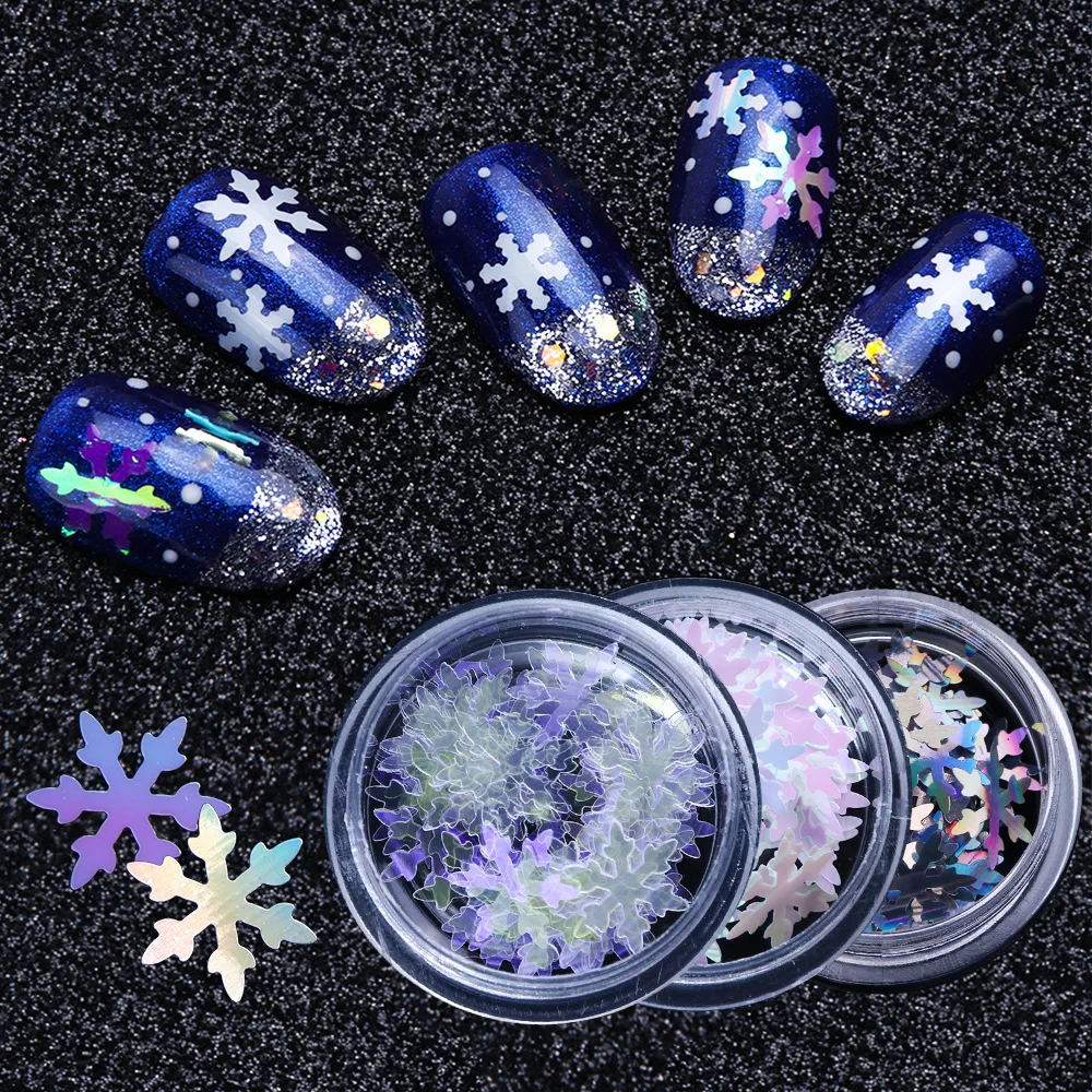 

6 kinds of Christmas manicure with 10 mm snowflake laser shingle net red hot thin snowflake nails