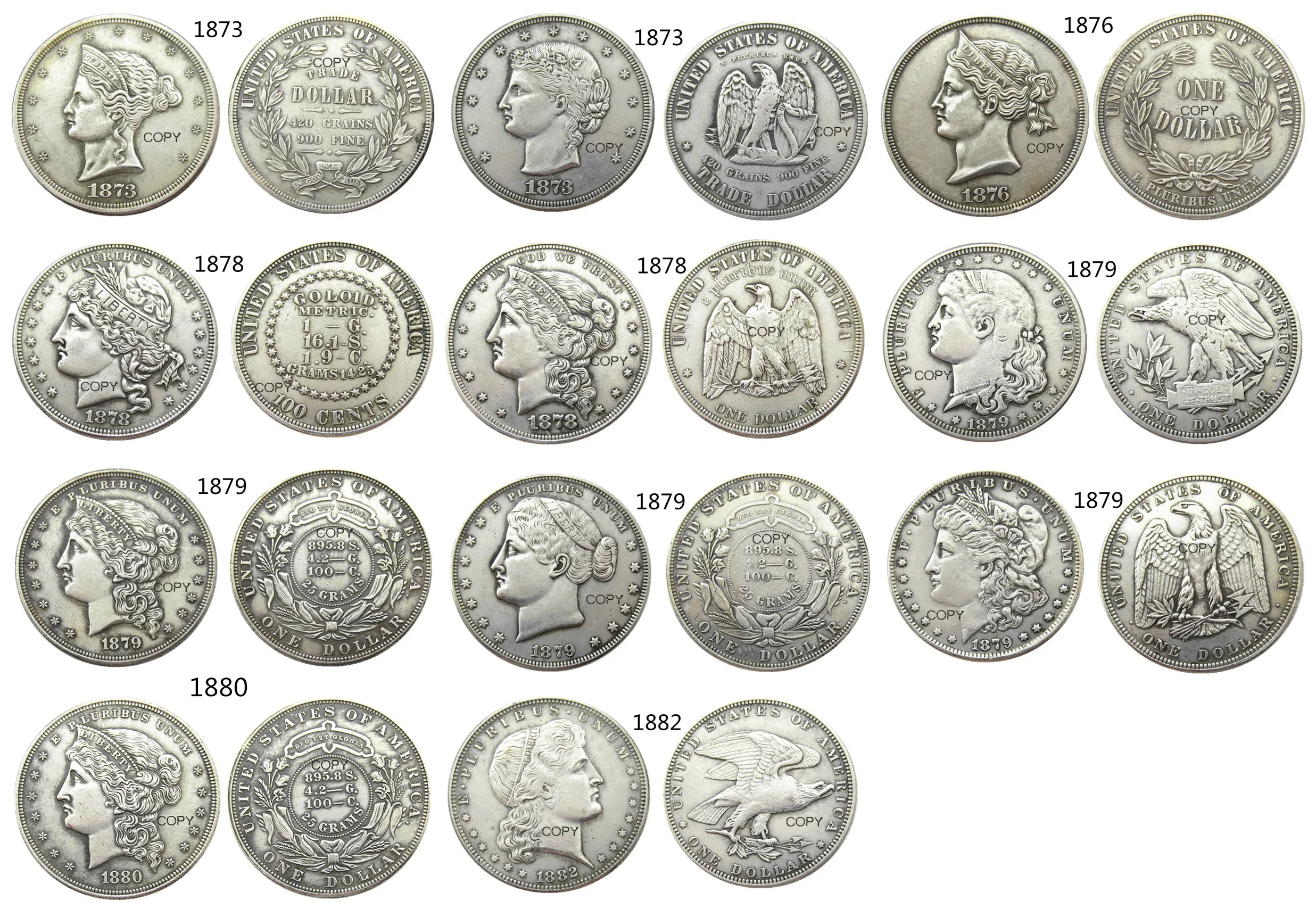 USA A Set Of(1873-1882) 11pcs Different Dollar Patterns Silver Plated Copy Coin