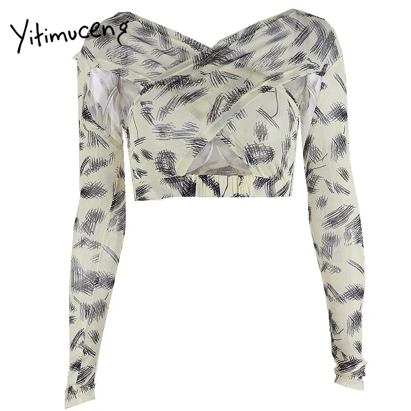 

Yitimuceng See Through Shirts for Women Tshirts Sexy Club Tops Hollow Out Mesh Fabric Patchwork Crossover Long Sleeve Clothing