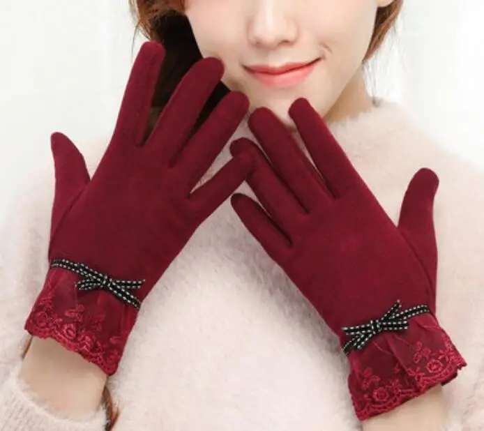 New Wine red lace VISNXGI, новинка, зимние женские теплые перчатки, одноцветные кружевные кашемировые перчатки, длина до запястья, модные варежки, перчатки для женщин, женские перчатки - Цвет: New Wine red lace