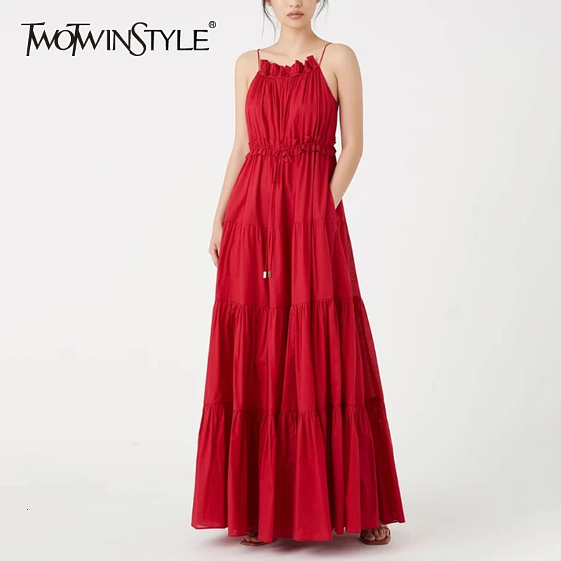 Платье с оборками TWOTWINSTYLE вечерние платья квадратным воротником и высокой талией