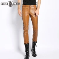 fashion 100 real leather motorcycle pants men new brand zip slim fit sheepskin trousers winter punk casual pencil pants