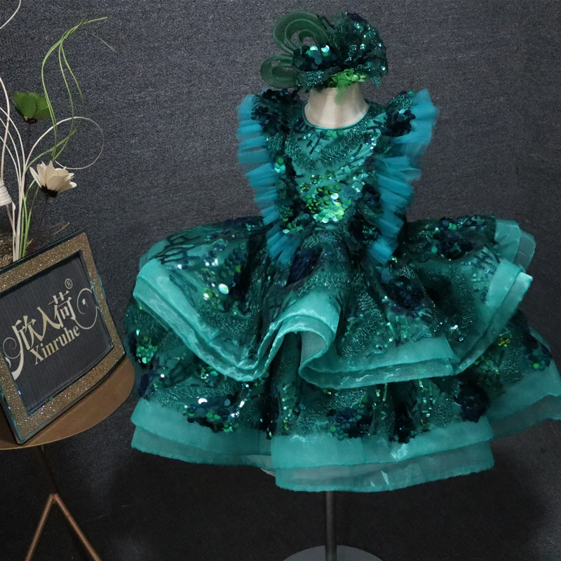 

New 2021 Girls Pageant Gowns Tiered Sequins Baby Girls First Birthday Dress Children Party Costumes