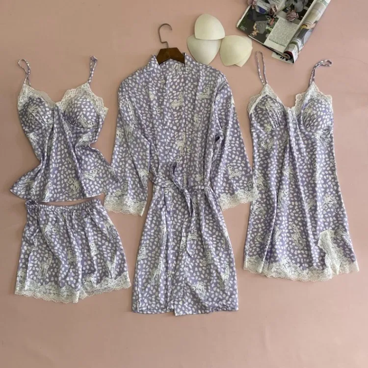 

Lace Sleep Set Female Print 4PCS Pajamas Suit Satin Spaghetti Strap Top&Shorts Casual Kimono Bathrobe Gown Loose Home Clothing