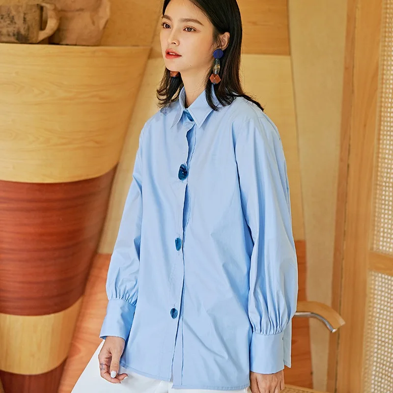 2019 Autumn Original Gloria&ampGrace Fashion Blue Casual Patchwork Button Women Chiffon Oversize Loose TOP Blouse Shirt |