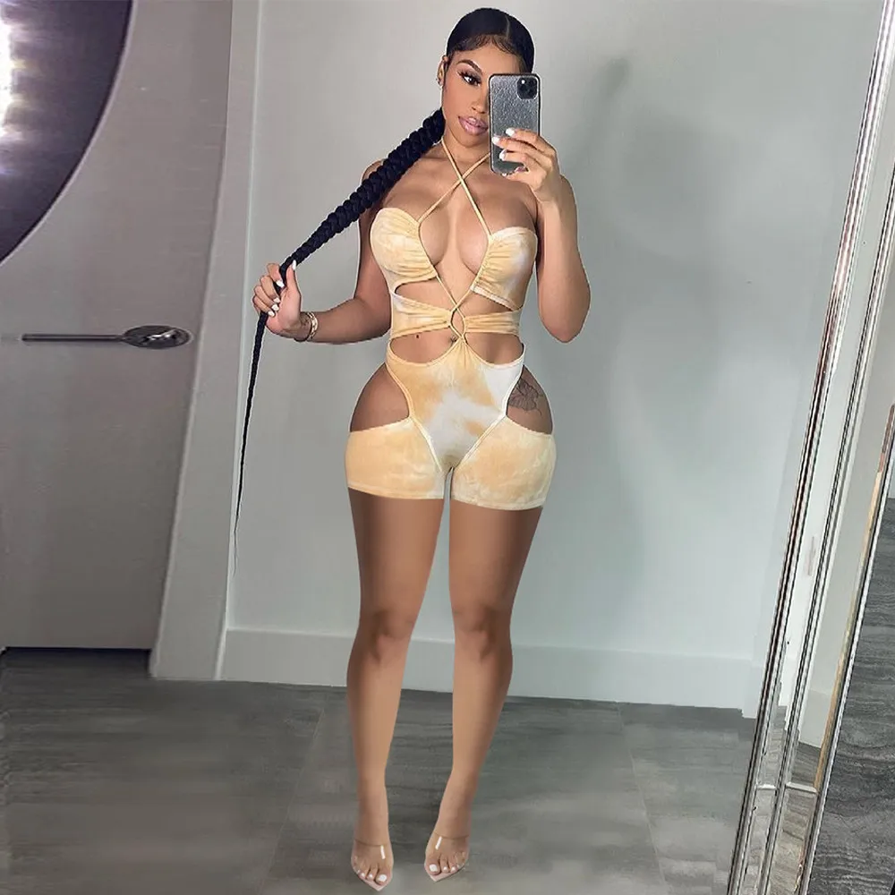 

Tie Dye Criss Cross Halter Backless Skinny Romper Women Off Shoulder Hollow Out Club Outfits Summer Female One Piece Playsuits