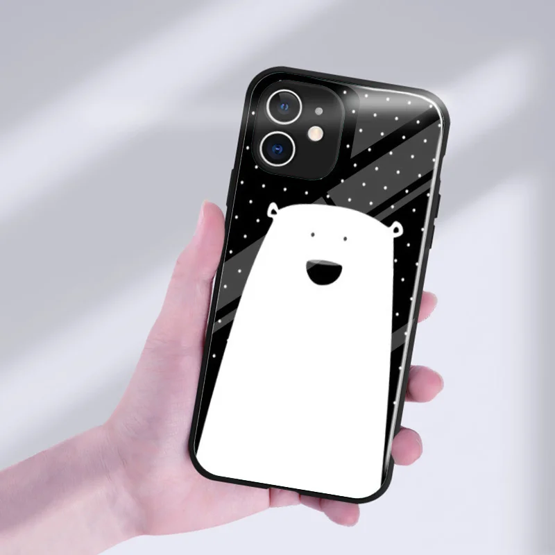 

Lovely Animal Bear Cute Case For Apple iPhone 11 12 Pro Max XR X XS SE 2020 Mini Tempered Glass Cover Shell For 6s 7 8 Plus