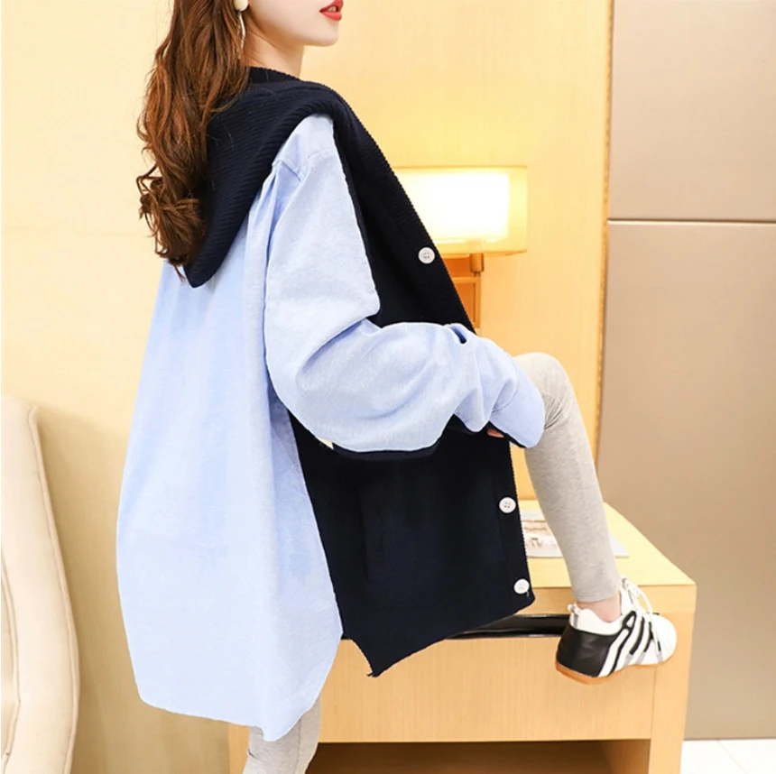 

Hooded Knit Cardigan Jacket Loose Outer Wear 2020 New Long Sleeve Wild Lazy Wind Sweater Women's Top Navy Blue Beige