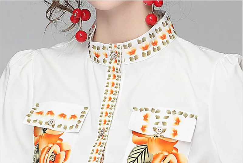 

2021 summer Fashion Runway Two Piece Suit Set Women stand collar Long Sleeve Flower Print Shirt Tops + Shorts Sets