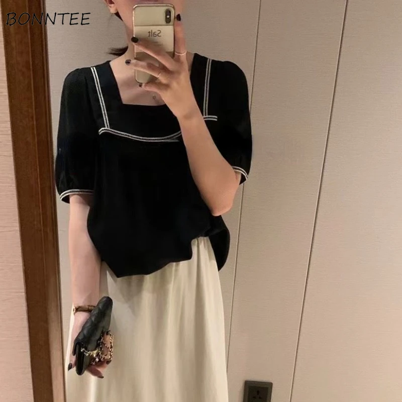 

Blouse Women Summer All-match Soft Loose Elegant Square Collar Retro Trendy Daily Female Casual New Chic Simple Clothing Ulzzang
