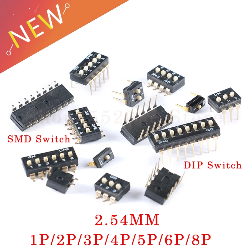 5 шт./лот DIP-переключатель 2 54 мм SMD 1P/2P/3P/4P/5P/6P/8P черный SMD-переключатель с золотым