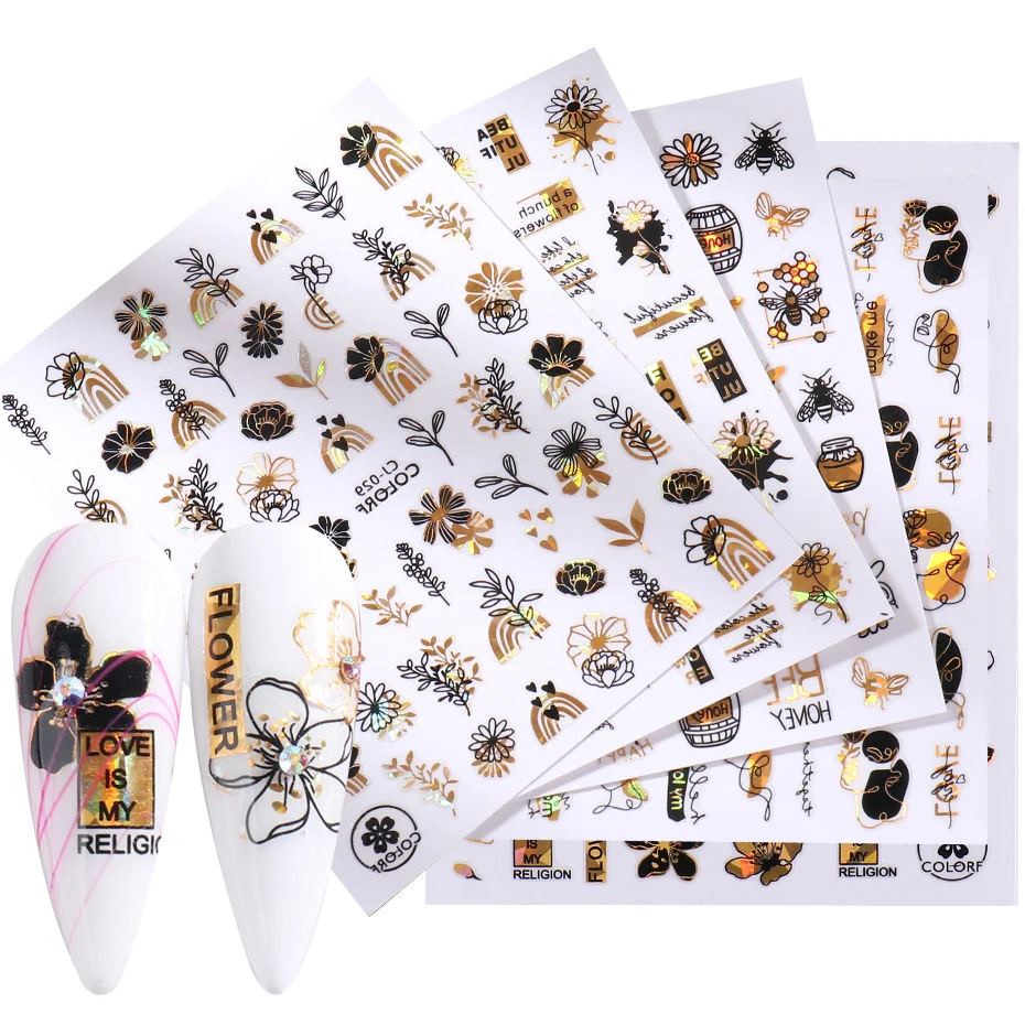 Новые 3D наклейки для ногтей голографическая блестящая Цветочная надпись слайдер