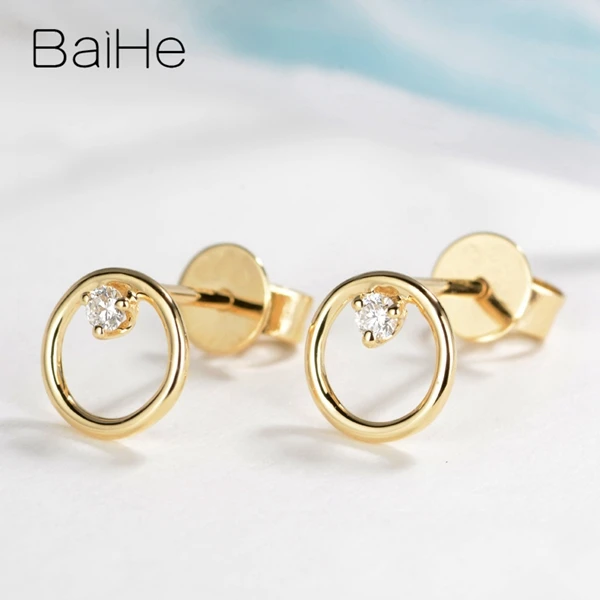 BAIHE Твердое 14 к желтое золото 0.06ct H/SI круглые натуральные бриллианты, ювелирные изделия для свадьбы, помолвки, хорошее ювелирное изделие, подарок, круглые серьги-гвоздики