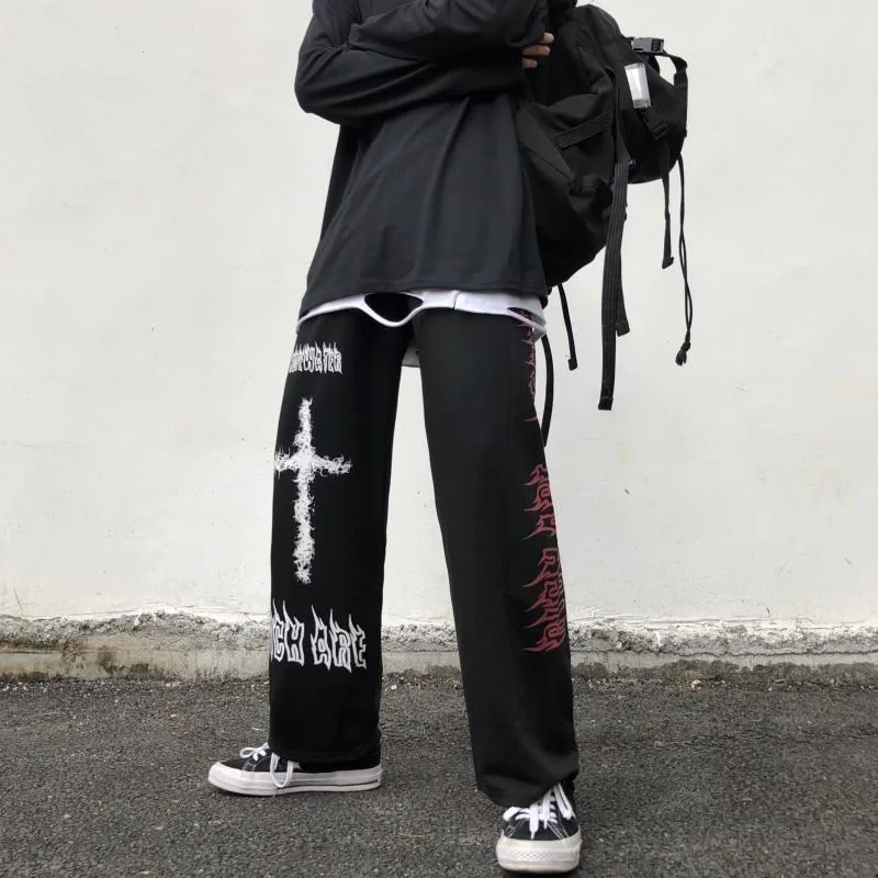 

Женские брюки QWEEK в стиле панк, хиппи, широкие штаны, женская уличная одежда, уличный стиль, черные брюки с принтом в стиле хип-хоп