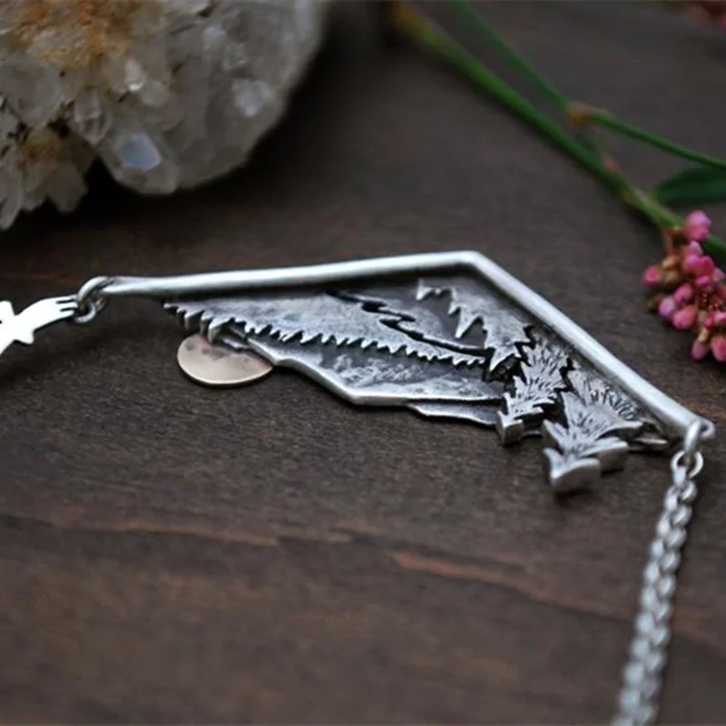 Silver Plated Wandering River Mountain Valley Sunset Nature Necklace Pendant - Women's Charm Chain Jewelry Gift image 3