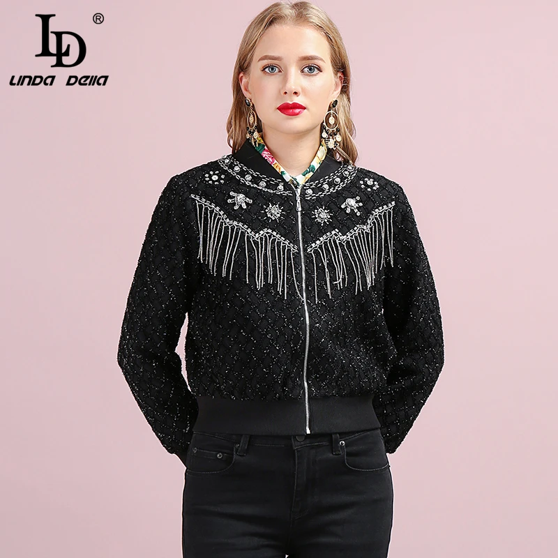 LD LINDA делла Модные осенние зимние винтажные куртки женские с длинным рукавом кисточкой молнии дамы Стильный Карьера черное пальто