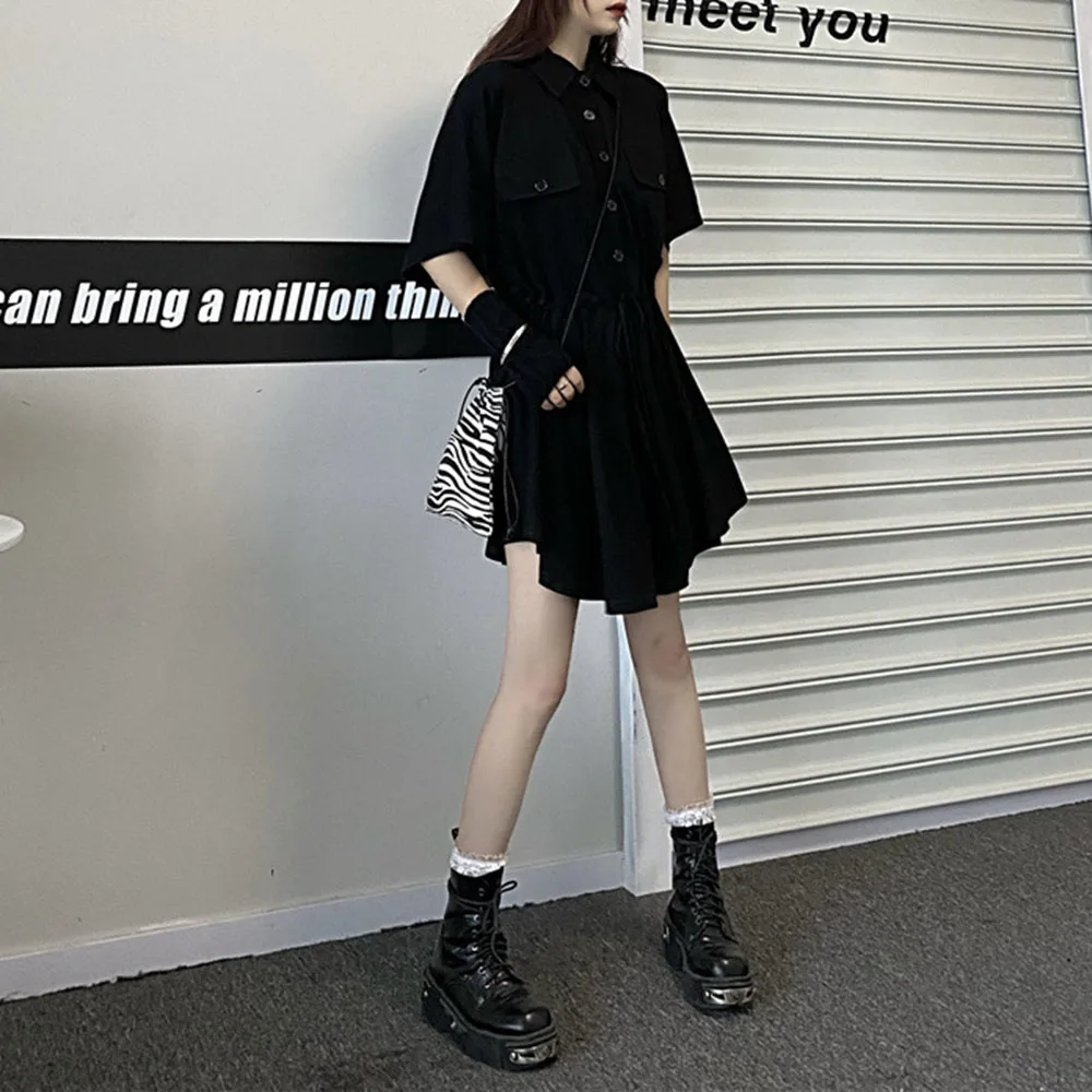 

Dress 2021 Summer New Fashion High Street Solid Color Single-breasted Lapel Short Sleeve High Waist Loose Tether Women's