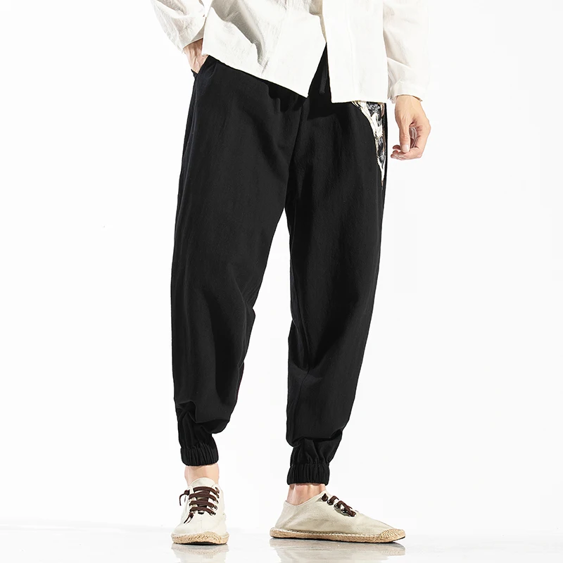 

2020 New Summer Men's Black Pattern Linen Harem Pants Men Streetwear Loose Casual Pants Male Ankle length Trousers M-5XL
