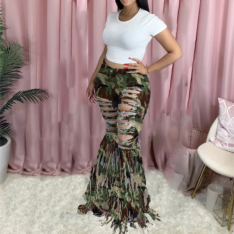 

GENUINE Fringed brushed denim pants women's casual flared pants custom logo print on product and package from 1pc dropship