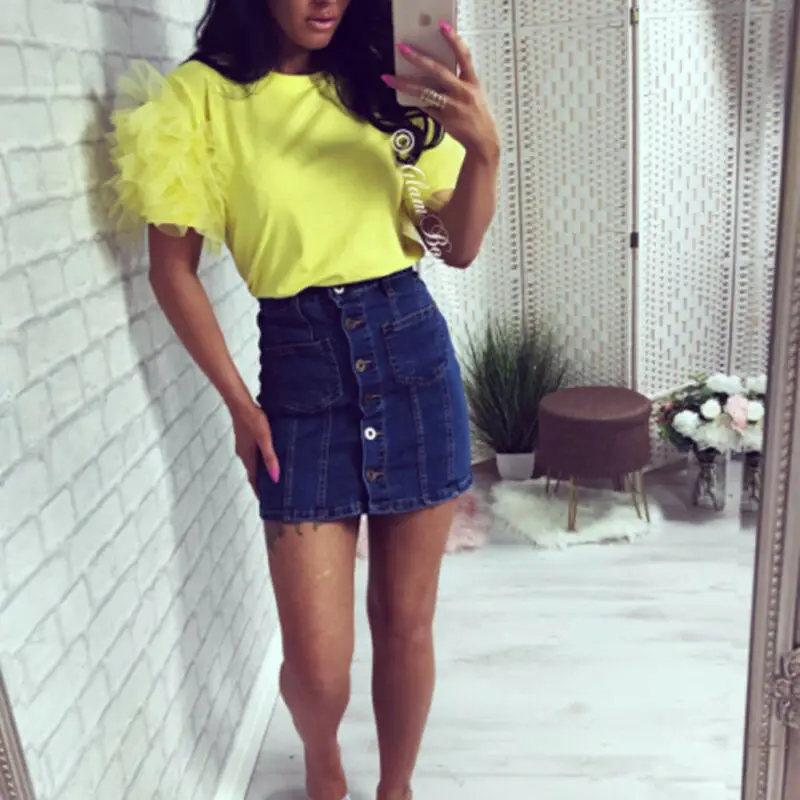 Модные Женские однотонные кружевные блузки с круглым вырезом свободные тюлевые