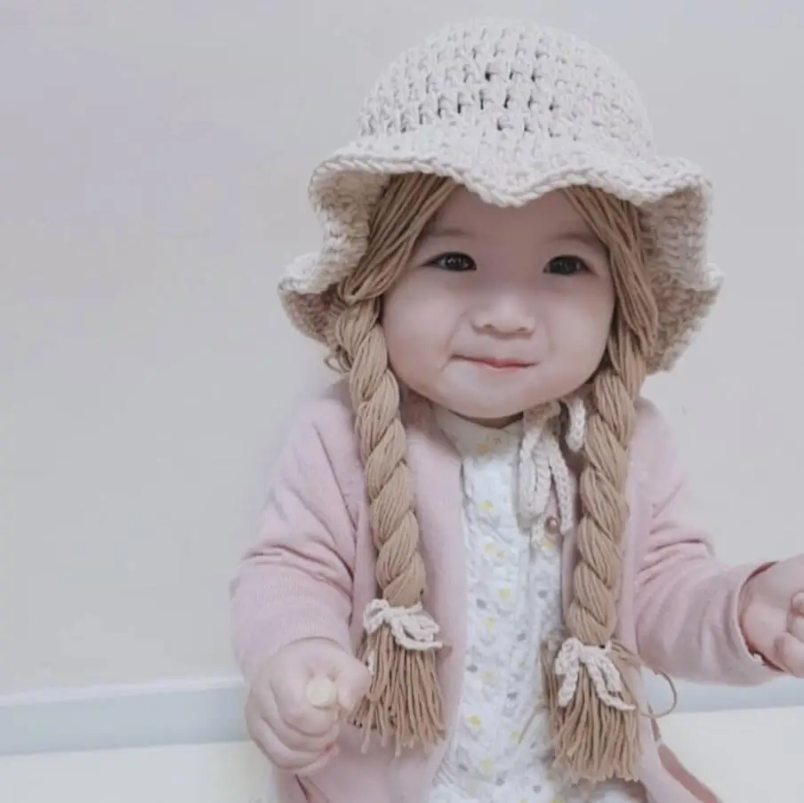 

Детская вязаная шапка, милая шапка с большими косичками для маленьких принцесс, реквизит для фотографирования новорожденных на осень и зим...