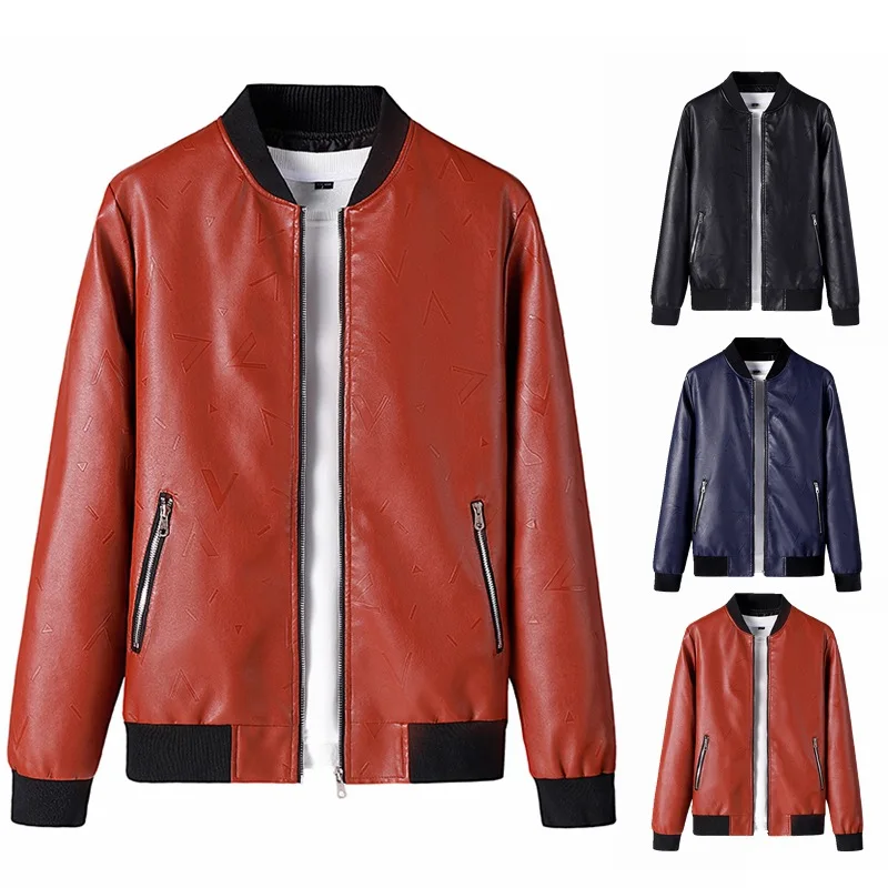 

Handsome Trendy Men Coat Spring and Autumn Baseball Collar Leather Jacket Men's Jacket Motorcycle Leather Jacket