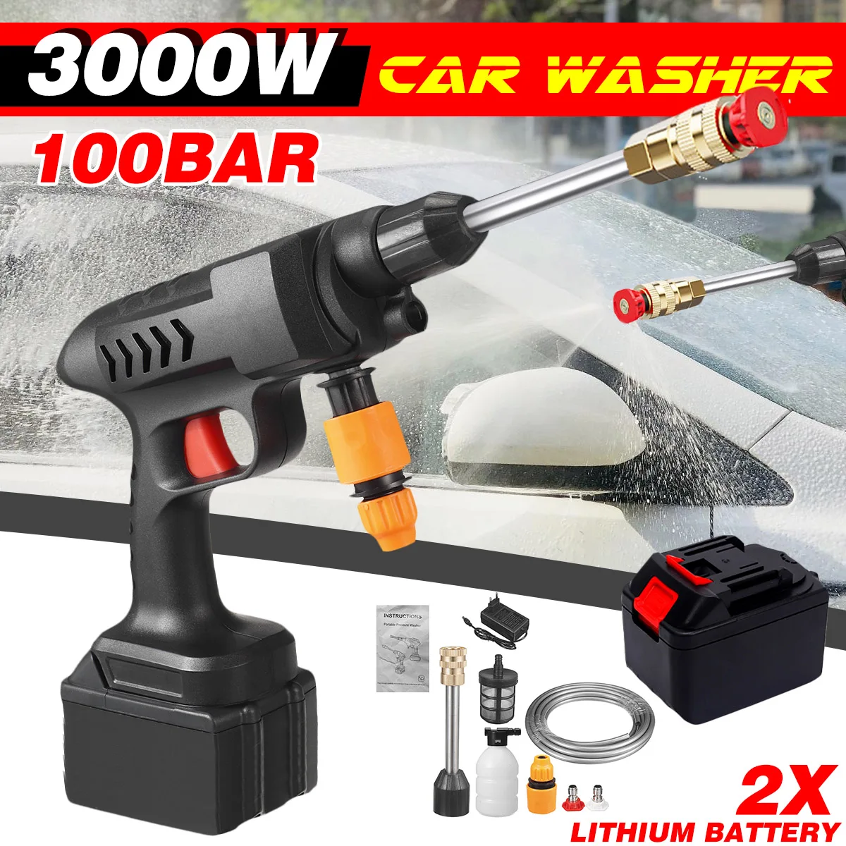 

3000W 100Bar Wireless High Pressure Car Wash Washer Gun 50000mah Foam Generator Water Gun Spray Cleaner for Makita 18V Battery