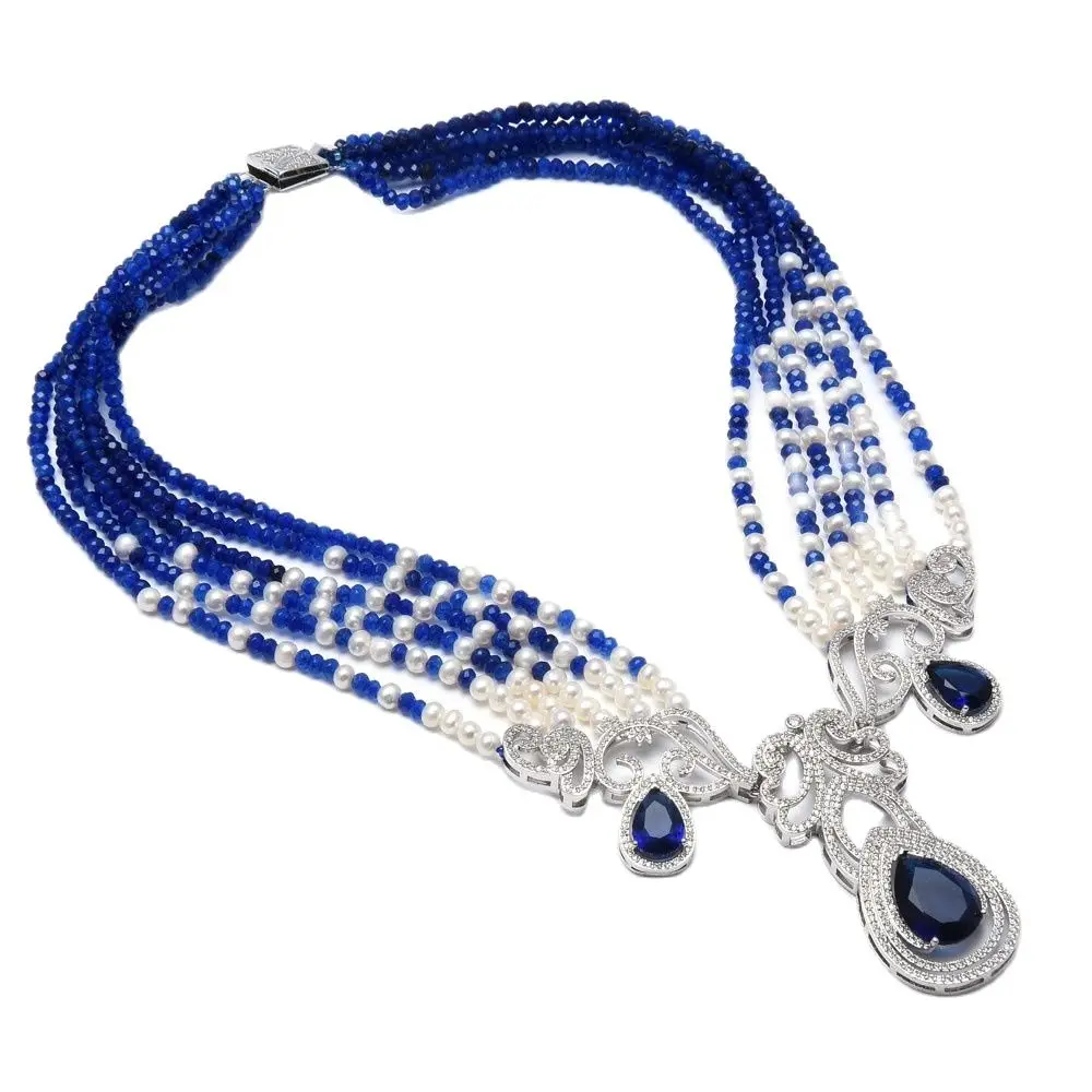 

GuaiGuai Jewelry 20" 6 Strands White Pearl Blue Agate Necklace CZ Pendant