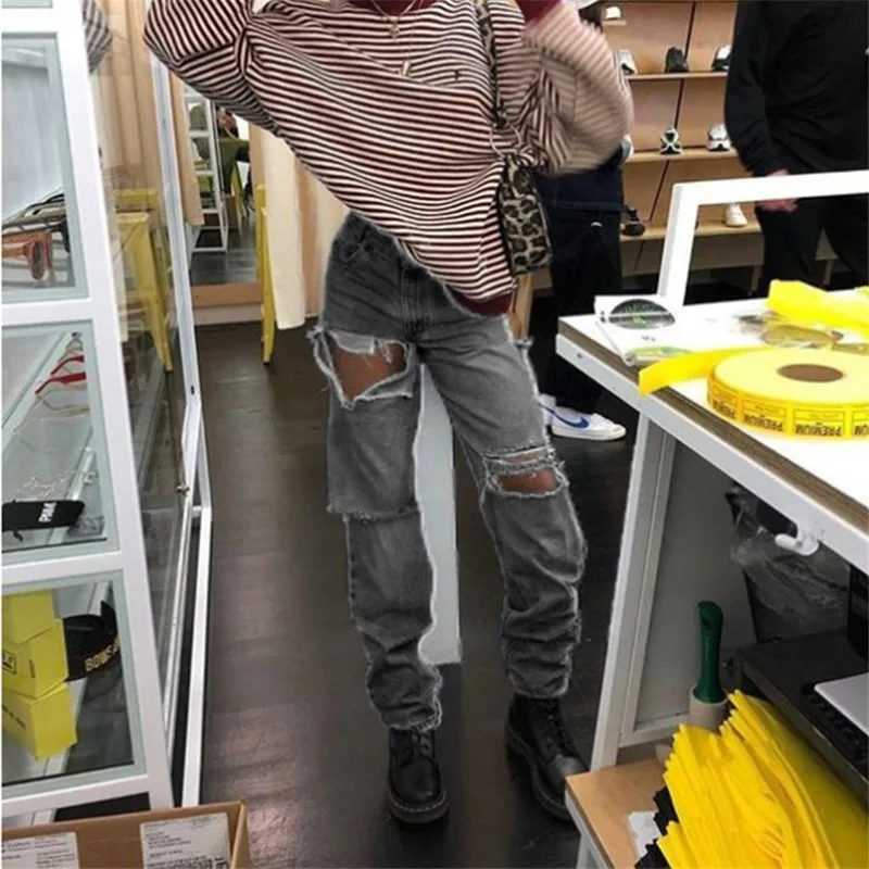 

Spring Autumn Women Jeans Pants Hipster Vintage Jeans Streetwear Trousers Female Straight Pants Denim Ripped Hole Jeans Pants