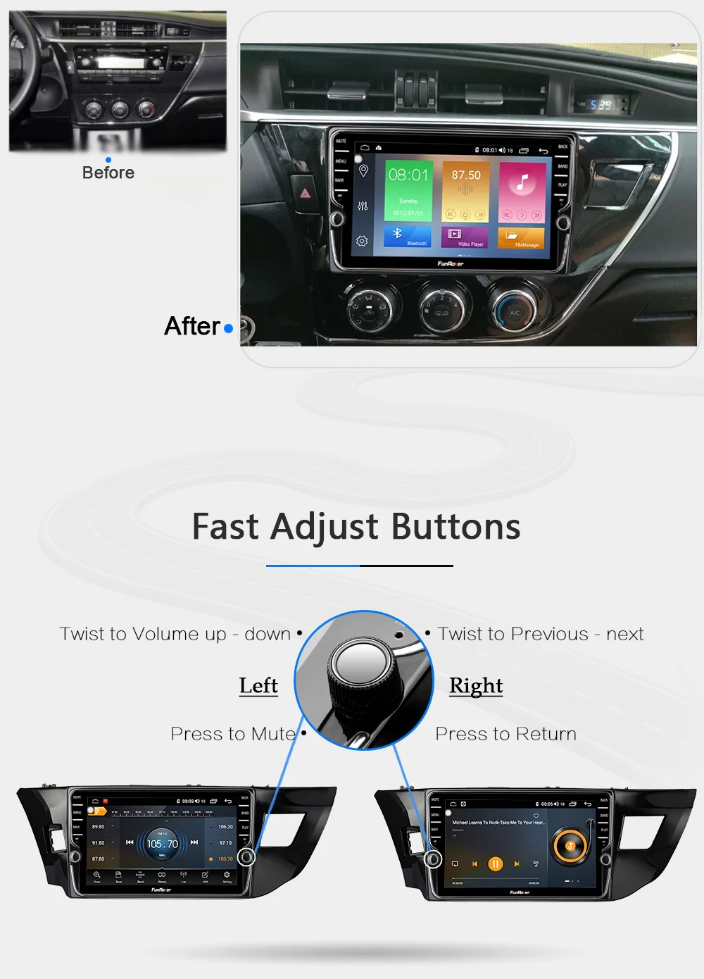 Funrover " android 9,0 2 din Автомобильный Радио мультимедийный плеер для toyota corolla 2013 dvd gps навигация DSP 4G 64G SIM BT