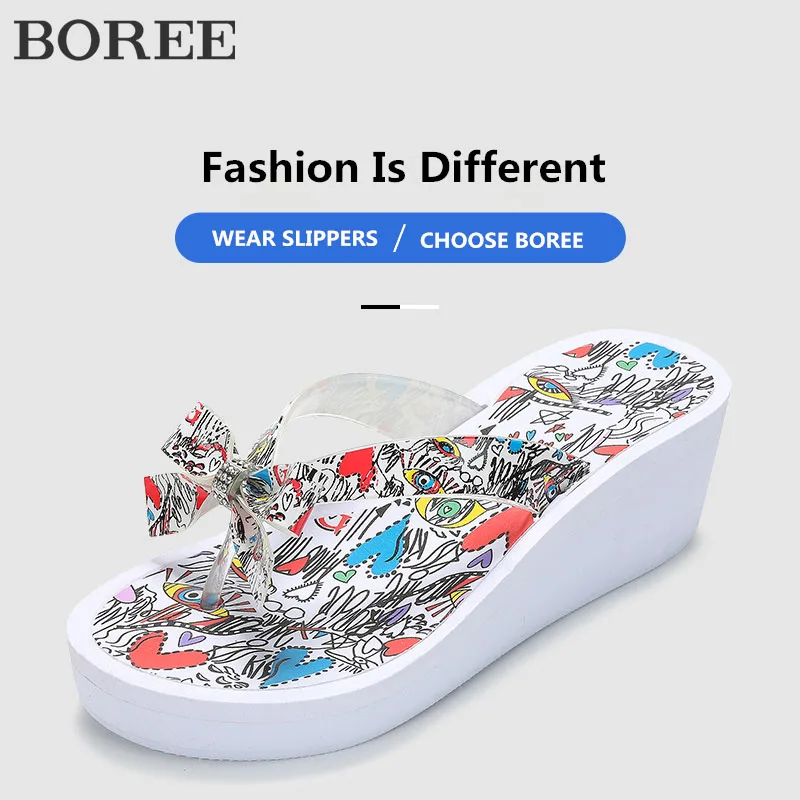 BOREE/модные сандалии с граффити Женские летние шлепанцы бантом Вьетнамки Пляжная