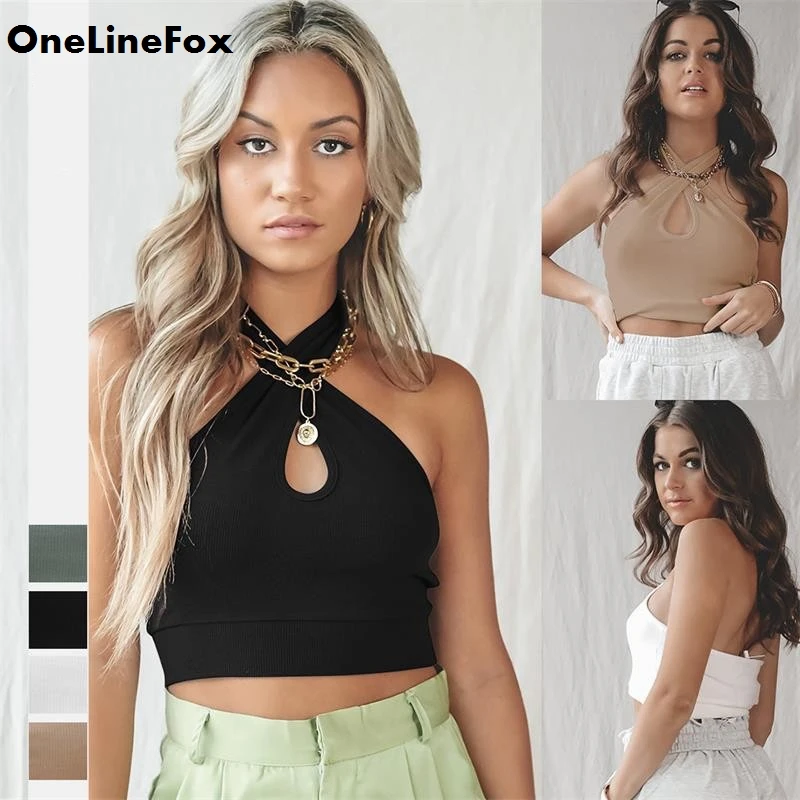 

OneLineFox Women Solid Halter Top Cut Out Ring Hole Elastic Backless Slim Fit White Crop Top Sexy Cami Chic Cute Tops