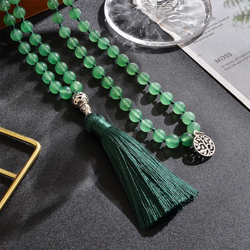 108 Count 8mm Green Aventurine Jade Beads Knotted Japa Mala Necklace Meditation Yoga Prayer Rosary for Men and Women Jewelry