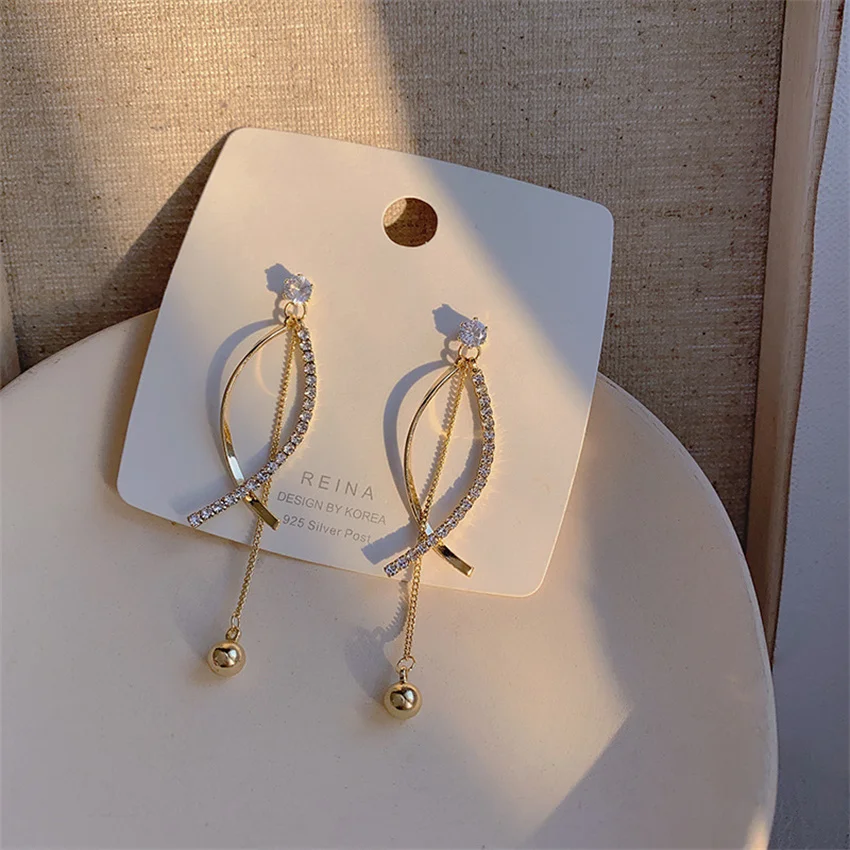 Серебряные серьги-подвески с блестящими бриллиантами модные длинные серьги