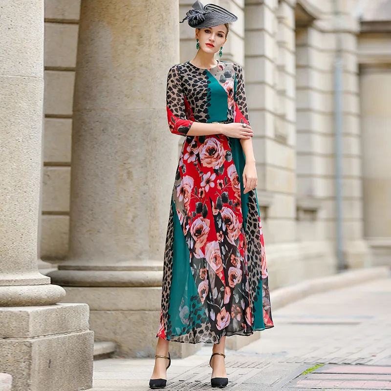 

2021 Bohemian Spring Autumn Long Dress Leopard Print Slim Waist Party Elegant Dress 2/3 Sleeves DZ2637