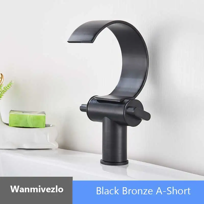 Black Bronze A Short Медный кран с одной ручкой и двумя ручками для горячей и холодной воды, смеситель для раковины, креативный водопад, водоотводный кран для ванной комнаты, смеситель для раковины - Цвет: Black Bronze A Short