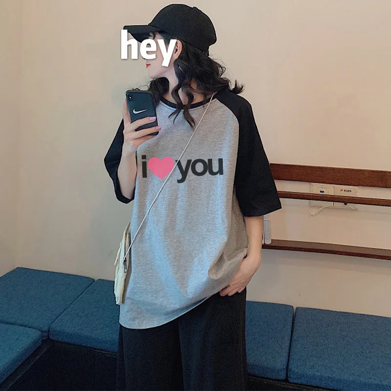 

Cotton Letter Printed Contrast Women's T-shirts Short Sleeve O-Neck Patchwork Female Pullover 2021 Summer Casual Loose Lady Tops