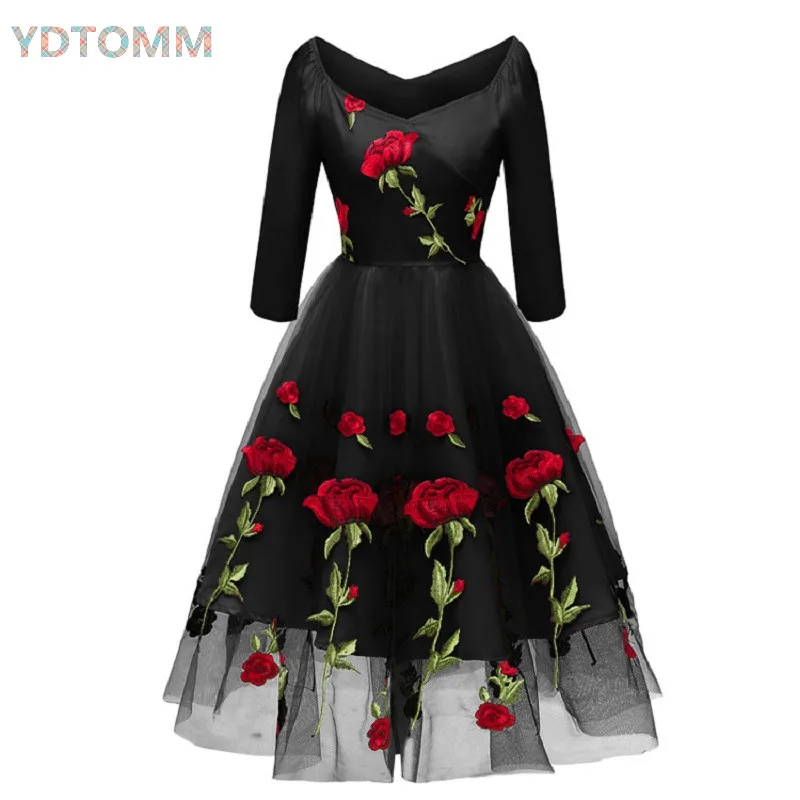 

New Arrival 2022 Midi Boho Dress Embroidery Floral Luxury Elegant Evening V Neck Mesh Vintage Formal Dress Women Party Dresses