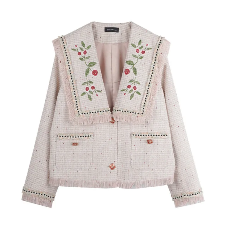 

LANMREM Loose Fit Embroidery Woven Tassels Jacket New V-collar Long Sleeve Women Coat Fashion Tide 2021 autumn winter 2F0006