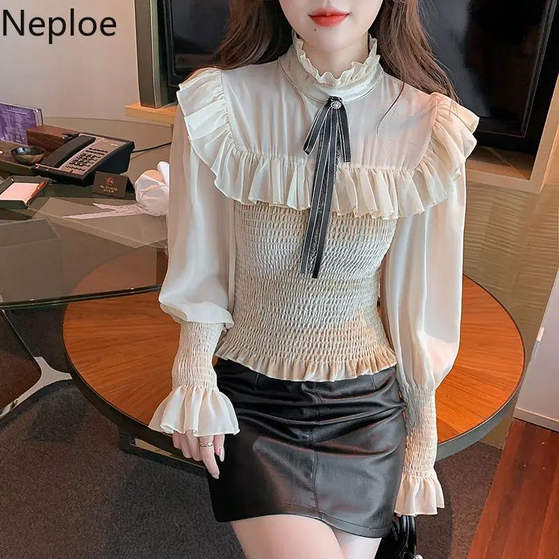 Neploe Blouse Women Chic Stand Neck Bow Shirts Sweet Ruffles Slim Fit Temperament Korean Fahsion Folds Blusas Tops Mujer | Женская