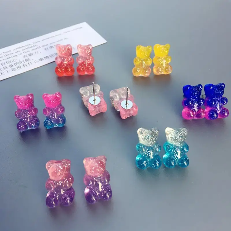 

6 Pair Fashion Lovely Candy Color Cartoon Sweet Bear Resin Gummy Bear Earrings Little Animal Charms Ear Studs Jewelry E56A