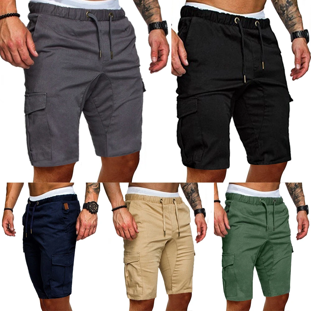 

Summer Solid Running Shorts Men Drawstring Sports Jogging Fitness Shorts Basic Pockets Training Mens Gym Short Cargo Pants D30