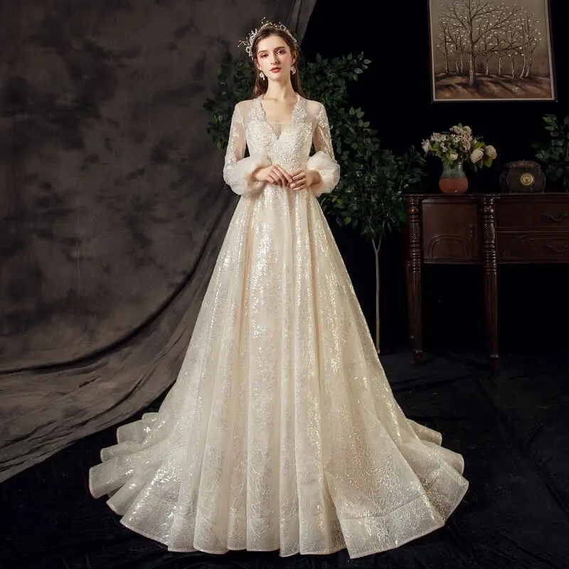 

v-neck Wedding Dress Robe De Marie Vestido De Noiva Party Gowns A-line Robe De Mariage Sweep Train