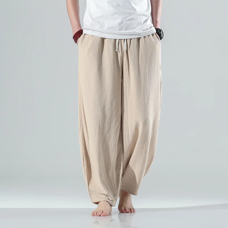 Algodão de Linho Estilo Chinês Harem Calças Homem Streetwear Casual Solto Jogger Masculino Cor Sólida Sweatpants Comprimento Moda