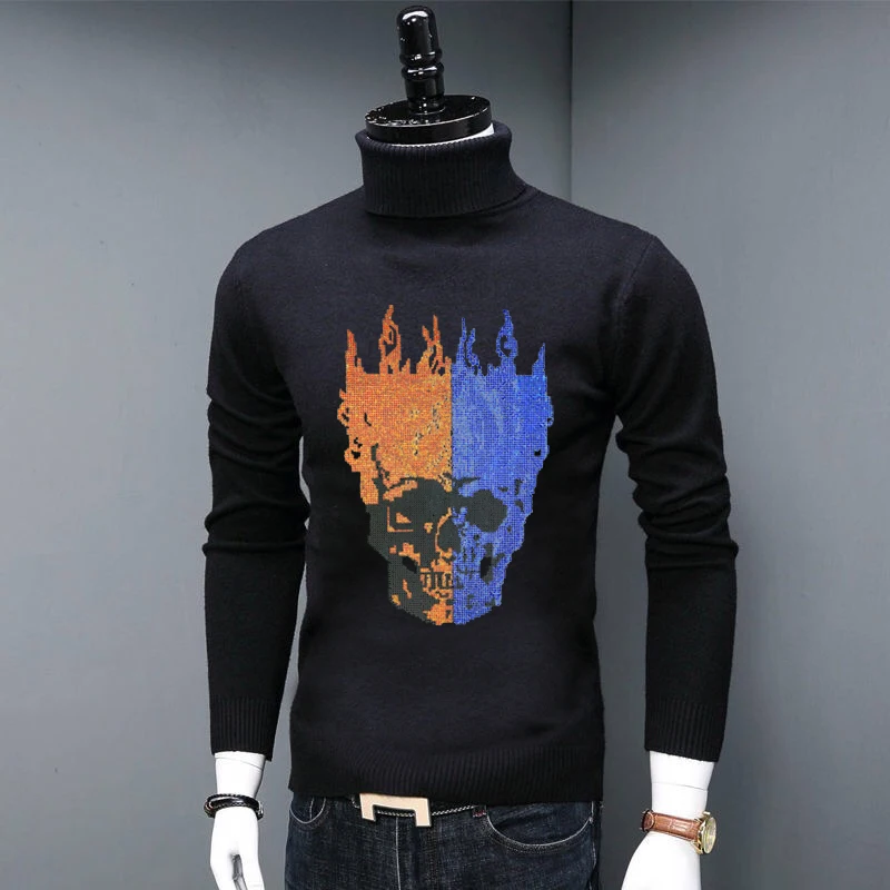 

Spring Fashionable Men Turtleneck Sweater Top Quality Rhinestone Winter Warm Knitted Crops Street WOOL Slim Knitwear Black Class