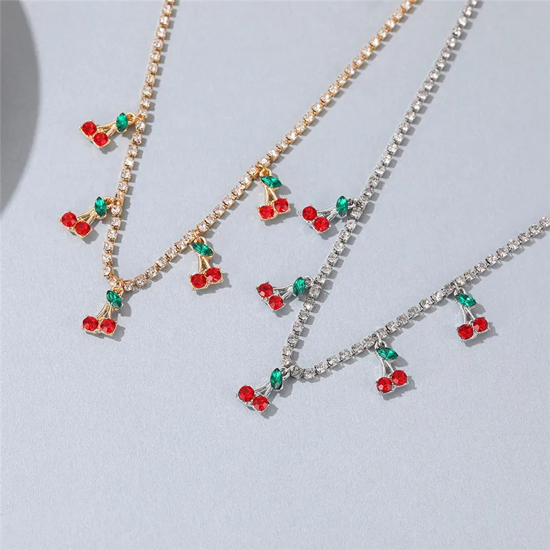 

Cute Crystal Cherry Pendant Necklaces For Women Girls Fashion Fruit Charms Rhinestone Choker Jewelry Party Gifts