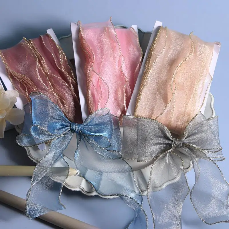 

35-45mm Gold Edge Wave Silk Organza Ribbon Bow Material For Hair Ornament Gift Wrapping Decoration Lace Ribbons